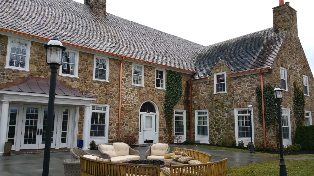 Copper gutters with patina - Need: 600x500px image of aged copper gutters showing beautiful patina development